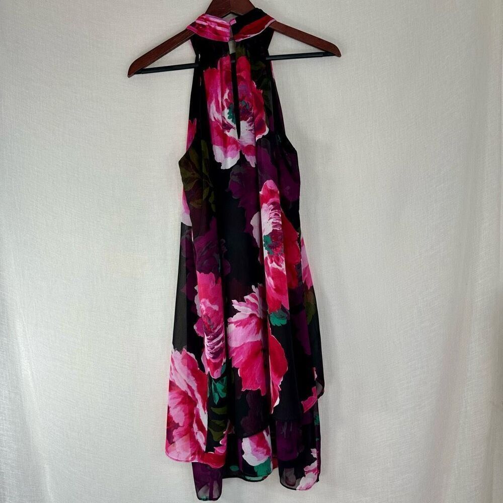 London Times Floral Chiffon Halter Neckline Mini Dress Womens 6 Girlcore Glam - Picture 2 of 9